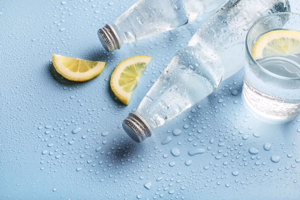 deux bouteille et un verre remplis d'eau sur un fond bleu avec des tranches de citron