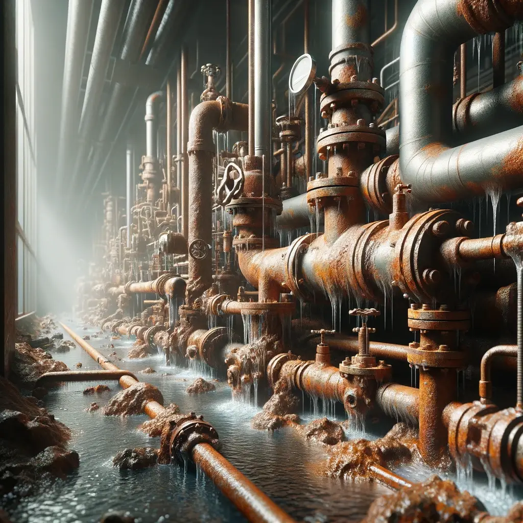 un mur de vieux tuyaux rouillés où l'on y voit des fuites d'eau de partout cause d'une eau qui sent les oeufs pourris