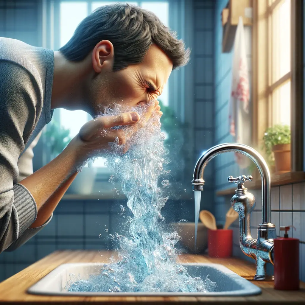 Un homme qui se lave le visage à même l'eau du robinet