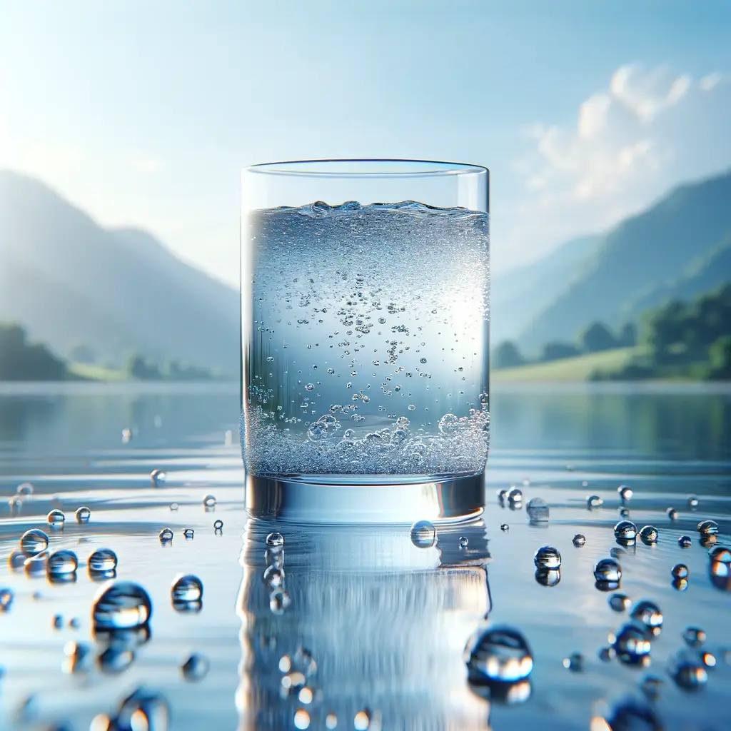 Un verre d'eau clair sur une surface miroir devant un panorama montagneux