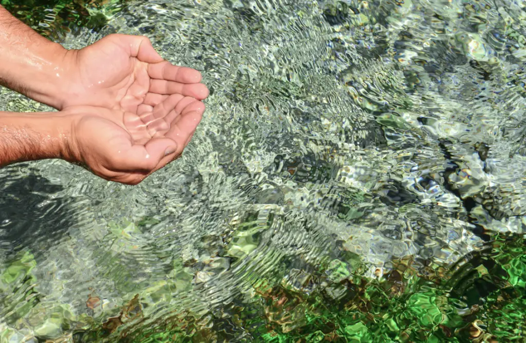 Une eau transparente dans les creux des mains d'un homme dans une rivière