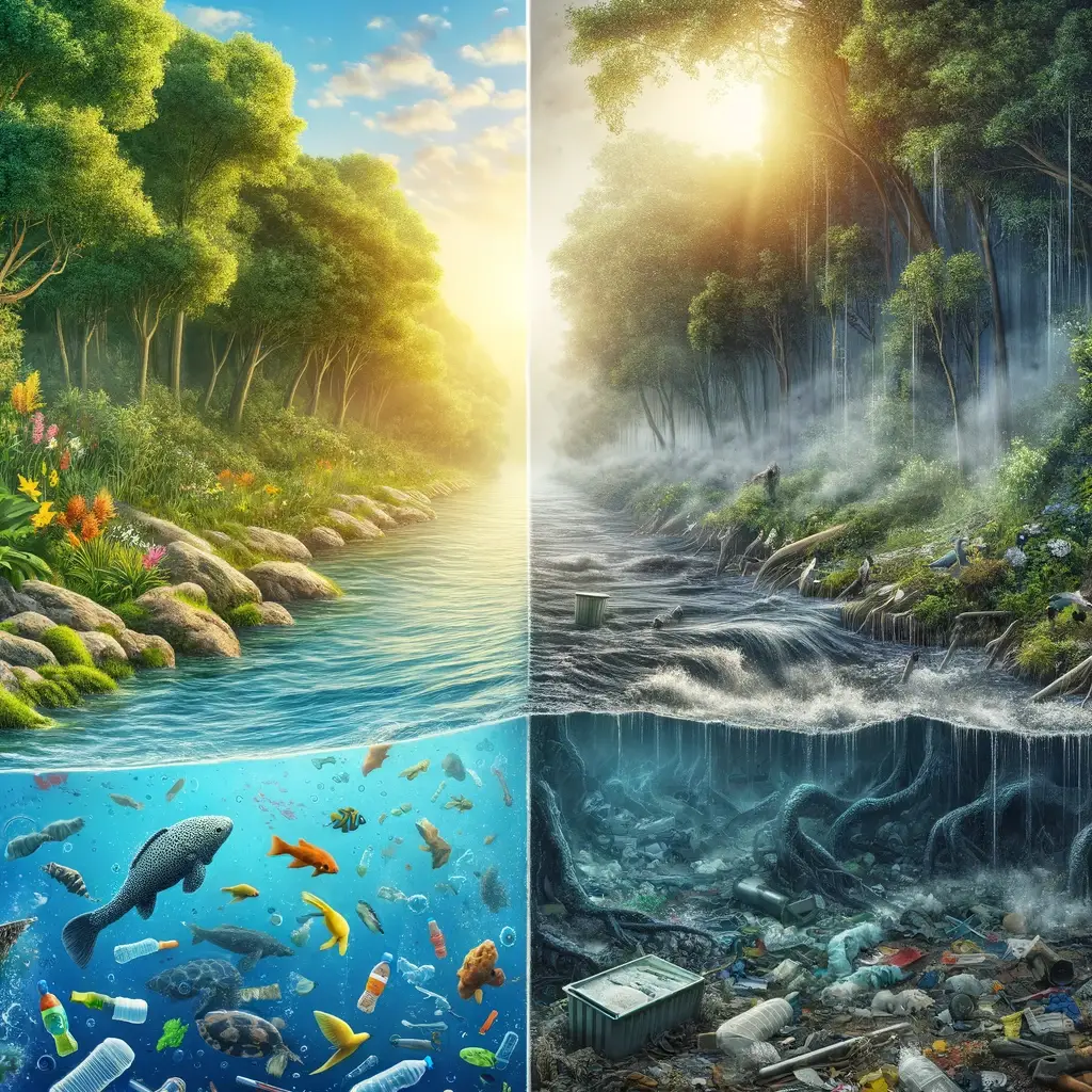 Une image séparé en deux sur la verticale un côté polluée et de l'autre la vie non polluée