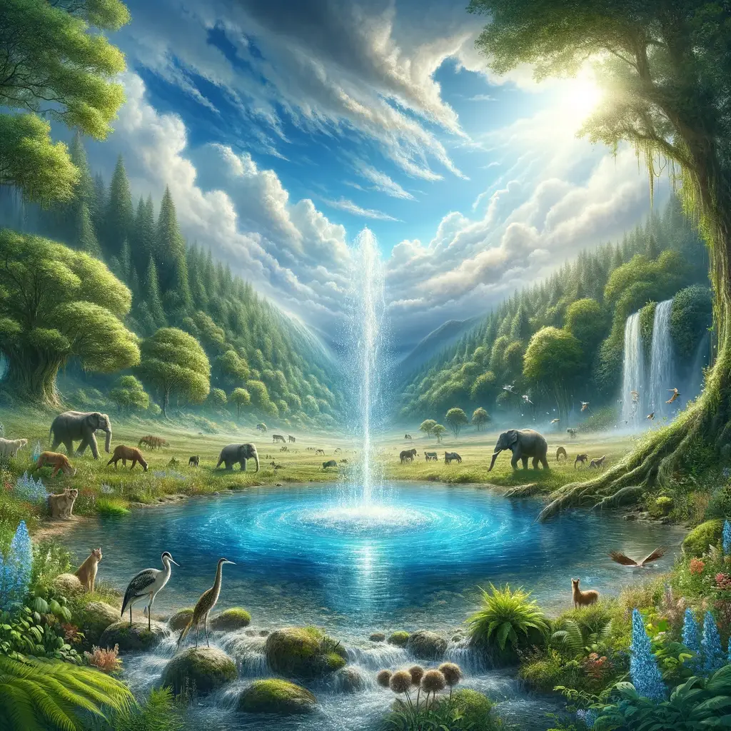 Une fontaine dans une forêt paradisiaque avec plein d'animaux exotiques