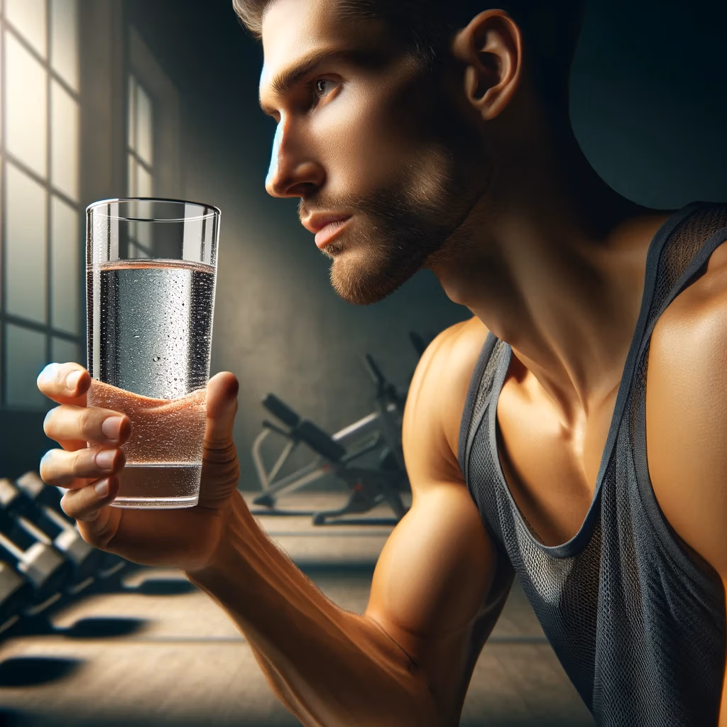 Un homme en gym qui tient un verre d'eau