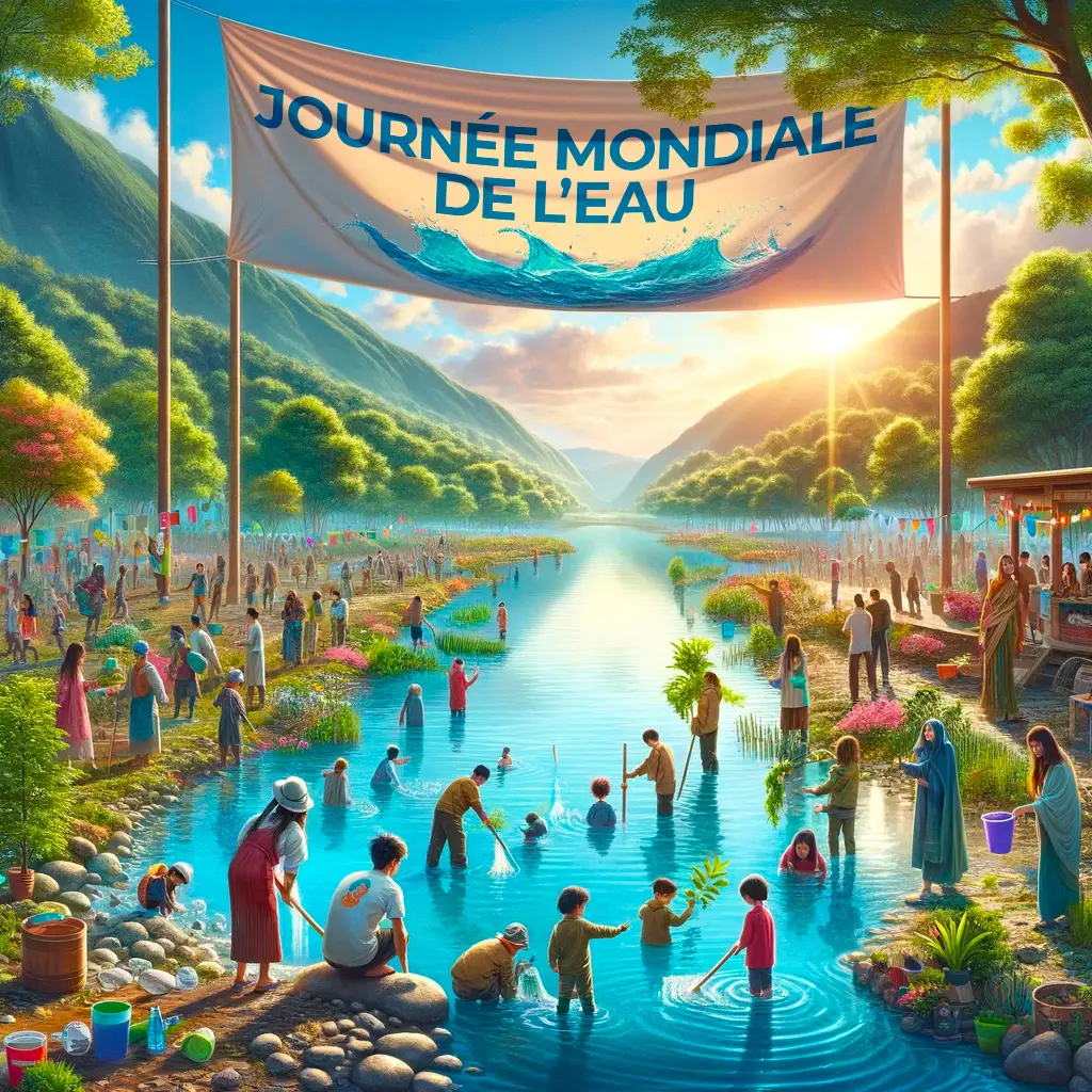Journée mondiale de l'eau, vue de deux montagnes et une rivière dans l'eau et sur la rive on y voit du monde jardinner