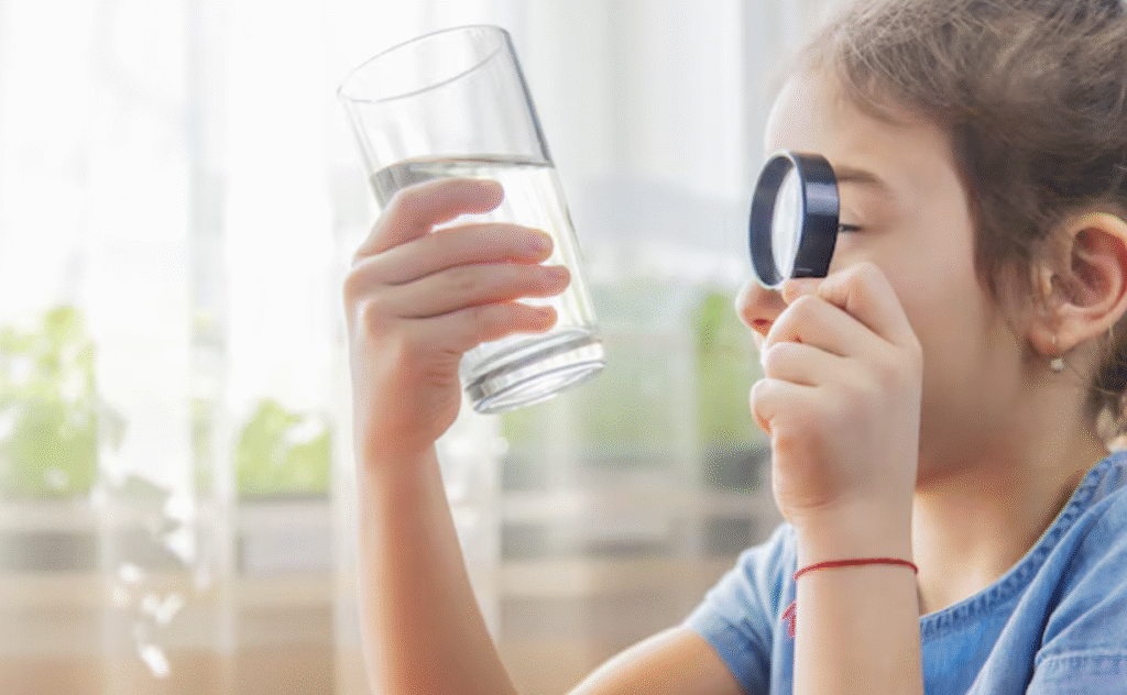 child observing a glass of water. 