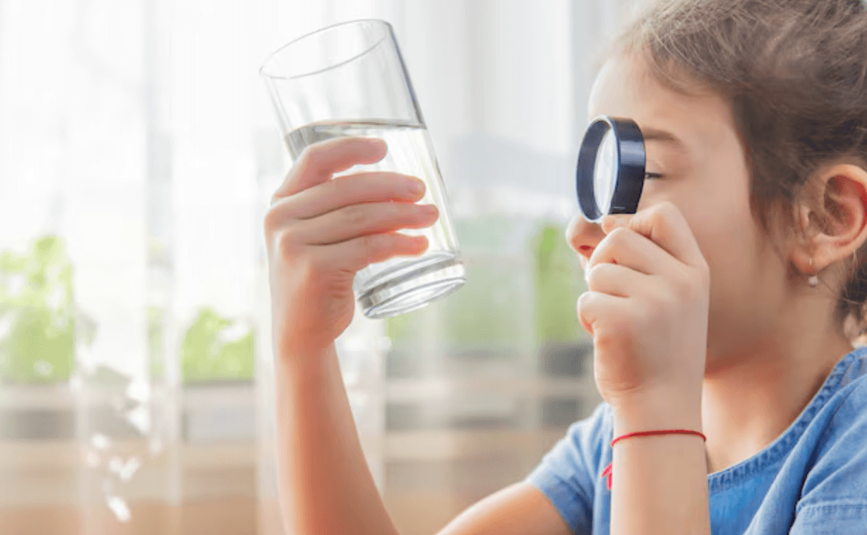 enfant qui observe un verre d'eau. 