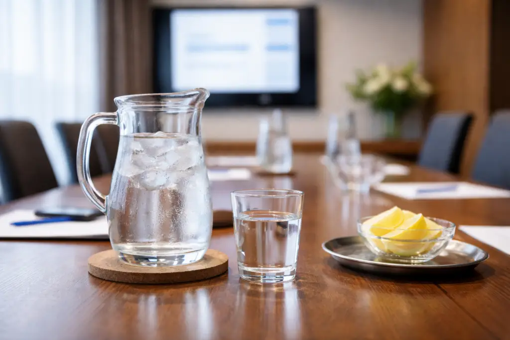 Verre sur une table de réunion d'un bureau avec distributeurs d'eau sans bouteille - Glass on a conference table in an office with bottle-free water dispensers